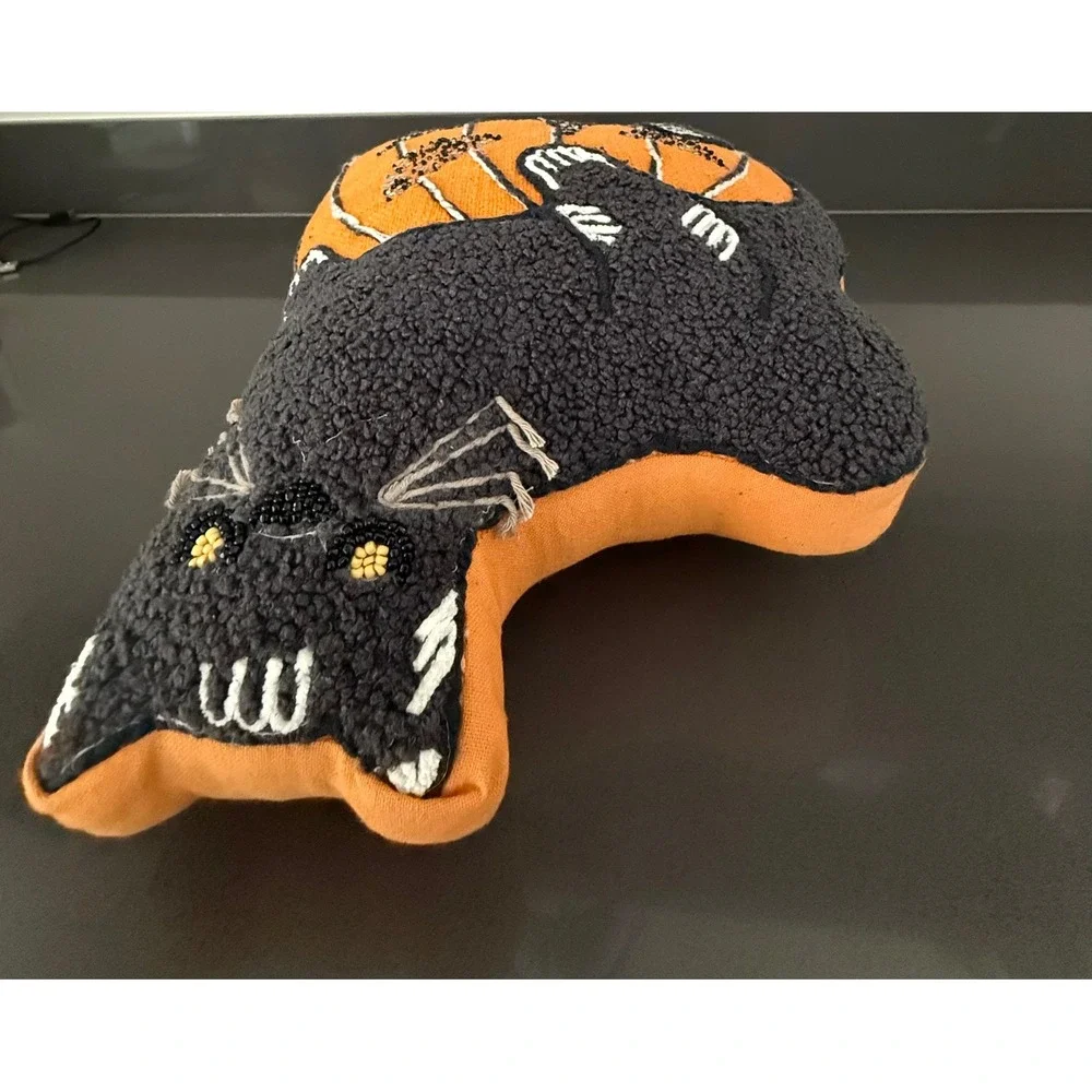 Peking Handcraft Halloween Black Cat on Pumpkin Throw Pillow Beaded Embroidered